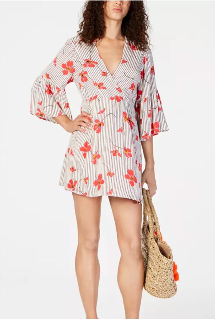 Billabong Divine Mixed Print Bell Sleeve Floral Stripe Mini Dress Red White S